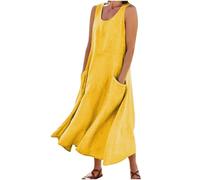 AMhomely Yellow Women Sleeveless Maxi Dress with Pockets Cotton Linen Plus Size Tunic Dresses Solid A-line Vest Dress Baggy Beach Long Dresses Summer Midi Casual Sundress 02 Yellow XXL