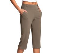 AMhomely Yoga Pants Women with Pockets Plus Size Trousers Elastic High Waisted Cropped Trousers Work Palin 3/4 Length Capri Pants Activewear Running Jogging Bottoms Sports 02 Coffee L