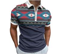 AMhomely Zip Polos Shirt Men Aztec T Shirt Men Vintage Westren Print Tee Shirts Casual Printed Short Sleeve Turn Down Collar Zipper T-Shirt Blouse Tops Holiday Vacation UK Sale Blue L