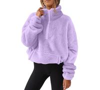 AMhomely Zip Up Fleece Womens Long Sleeve Sweatshirts Double Fleece Pullover Tees Winter Warm Flannel Fuzzy Tunic Elastic Hem Jacket Housecoat Outdoor With Pocket 02 Purple XL