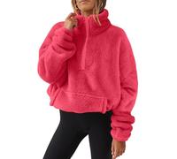 AMhomely Zip Up Fleece Womens Long Sleeve Sweatshirts Double Fleece Pullover Tees Winter Warm Flannel Fuzzy Tunic Elastic Hem Jacket Housecoat Outdoor With Pocket 02 Red XXL