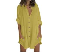 AMhomnely Ladies Longline Summer Blouses Womens Cotton Linen Shirts Lapel Button Down Dressy Tops Elegant Office Work Tunic Tops Oversized Pullover Tees Shirts Slouchy Blouse Beach Cover Up