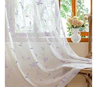 AmHoo 2 Panels Embroidered Leaf Pattern Semi Sheer Curtains Foliage Floral Voile Window Draperies Treatment for Bedroom Living Room Rod Pocket White Lavender Purple 53 x 84 Inch