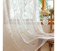 AmHoo 2 Panels Embroidered Leaf Pattern Semi Sheer Curtains Foliage Floral Voile Window Draperies Treatment for Bedroom Living Room Rod Pocket White Beige 53 x 63 Inch