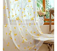 AmHoo 2 Panels Embroidered Leaf Pattern Semi Sheer Curtains Foliage Floral Voile Window Draperies Treatment for Bedroom Living Room Rod Pocket White Gold Yellow 53 x 84 Inch
