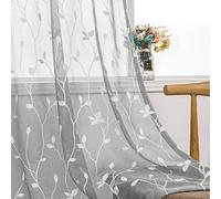 AmHoo 2 Panels Embroidered Leaf Pattern Semi Sheer Curtains Foliage Floral Voile Window Draperies Treatment for Bedroom Living Room Rod Pocket Light Gray 53 x 84 Inch
