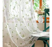 AmHoo 2 Panels Embroidered Leaf Pattern Semi Sheer Curtains Foliage Floral Voile Window Draperies Treatment for Bedroom Living Room Rod Pocket White Light Green 53 x 84 Inch