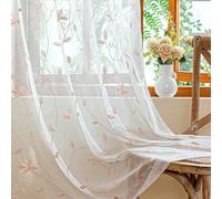 AmHoo 2 Panels Embroidered Leaf Pattern Semi Sheer Curtains Foliage Floral Voile Window Draperies Treatment for Bedroom Living Room Rod Pocket White Pink 53 x 63 Inch