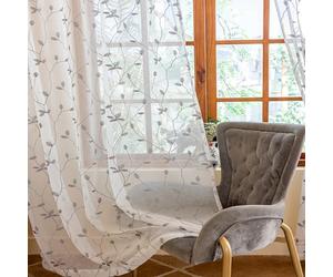 AmHoo 2 Panels Embroidered Leaf Pattern Semi Sheer Curtains Foliage Floral Voile Window Draperies Treatment for Bedroom Living Room Rod Pocket White Light Gray 53 x 63 Inch