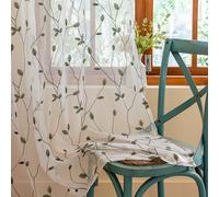 AmHoo 2 Panels Embroidered Leaf Pattern Semi Sheer Floral Voile Panels, Window Curtains Ideal for Bedroom Living Room with Rod Pocket, White/Sage Green, 53" x 53"