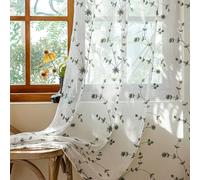 AmHoo 2 Panels Leaf Flora Embroidered Farmhouse Semi Sheer Curtain Voile Curtains for Living Room Bedroom Window Treatment White Sage Green 53 x 63 Inch