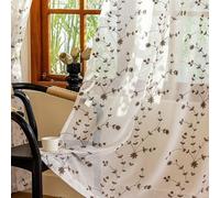 AmHoo 2 Panels Leaf Flora Embroidered Farmhouse Semi Sheer Curtain Voile Curtains for Living Room Bedroom Window Treatment White Brown 53 x 96 Inch