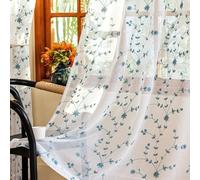 AmHoo 2 Panels Leaf Flora Embroidered Farmhouse Semi Sheer Curtain Voile Curtains for Living Room Bedroom Window Treatment White Teal 53 x 63 Inch
