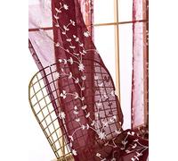 AmHoo 2 Panels Leaf Flora Embroidered Farmhouse Semi Sheer Curtain Voile Curtains for Living Room Bedroom Window Treatment Burgundy Red 53 x 63 Inch