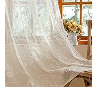 AmHoo 2 Panels Linen Floral Leaf Embroidered Semi Sheer Curtain Farmhouse Voile Curtains for Living Room Bedroom Window Treatment Beige 52 x 84 Inch