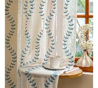 AmHoo 2 Panels Linen Leaf String Floral Embroidered Semi Sheer Curtain Farmhouse Voile Curtains for Living Room Bedroom Window Treatment Teal 52 x 84 Inch