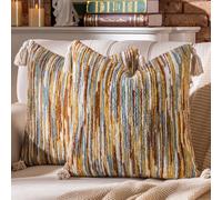 AmHoo Boho Throw Pillow Covers Set of 2 Decorative Bohemian Woven Tufted Striped Farmhouse with Tassels Textured Cushion Case Pillowcase Neutral for Sofa Couch Bed 18 x 18-Inch Brown