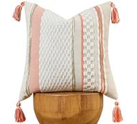 AmHoo Chenille Striped Textured Boho Throw Pillow Covers Aesthetic with Tassels Woven Decorative Pillow Case for Couch Bed Sofa Bedroom Modern Funky 18 x 18-Inch White Orange
