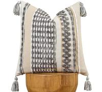 AmHoo Chenille Striped Textured Boho Throw Pillow Covers Aesthetic with Tassels Woven Decorative Pillow Case for Couch Bed Sofa Bedroom Modern Funky 18 x 18-Inch Grey White