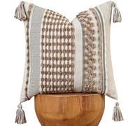 AmHoo Chenille Striped Textured Boho Throw Pillow Covers Aesthetic with Tassels Woven Decorative Pillow Case for Couch Bed Sofa Bedroom Modern Funky 18 x 18-Inch Taos Taupe