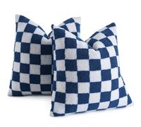 AmHoo Pack of 2 Decorative Throw Pillow Covers Checkerboard Luxury Super Soft Faux Fur Wool Set Case Cushion for Couch Sofa Bedroom 16 x 16-Inch Navy Blue