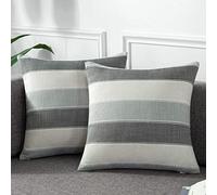 AmHoo Pack of 2 Farmhouse Stripe Check Throw Pillow Covers Set Case Cotton Linen Decorative Pillowcases Cushion Cover for Couch Bench Sofa 16x16Inch Dark Grey Beige