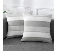 AmHoo Pack of 2 Farmhouse Stripe Check Throw Pillow Covers Set Case Cotton Linen Decorative Pillowcases Cushion Cover for Couch Bench Sofa 16x16Inch Light Grey Beige