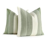 AmHoo Pack of 2 Farmhouse Stripe Check Throw Pillow Covers Set Case Cotton Linen Decorative Pillowcases Cushion Cover for Couch Bench Sofa 22x22 Inch Sage Green