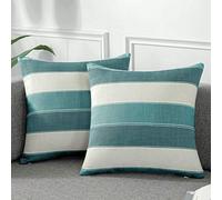 AmHoo Pack of 2 Farmhouse Stripe Check Throw Pillow Covers Set Case Cotton Linen Decorative Pillowcases Cushion Cover for Couch Bench Sofa 20x20Inch Teal Blue