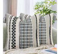 AmHoo Set of 2 Chenille Striped Textured Boho Throw Pillow Covers Aesthetic with Tassels Woven Decorative Pillow Case for Couch Bed Sofa Bedroom Modern Funky 18 x 18-Inch Black Multicolor