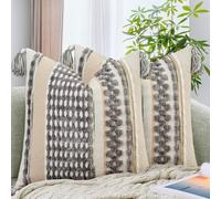 AmHoo Set of 2 Chenille Striped Textured Boho Throw Pillow Covers Aesthetic with Tassels Woven Decorative Pillow Case for Couch Bed Sofa Bedroom Modern Funky 18 x 18-Inch Grey White