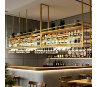 amhricho Ceiling Wine Rack, Metal Ceiling Wine Glass Rack, 2 Layer Hanging Wine Rack Display Wine Storage Holder Multifunctional, with Glass Holder for Home, Restaurant, Bar (GOLD, 80 * 30 * 50+40CM)