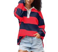 Amiblvowa Rugby Shirt Women Striped Collared Long Sleeve Polo Shirts Oversized Color Block Sweatshirt Vintage Pullover Top