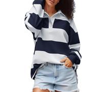 Amiblvowa Rugby Shirt Women Striped Collared Long Sleeve Polo Shirts Oversized Color Block Sweatshirt Vintage Pullover Top