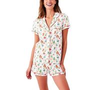 Amiblvowa Women Roller Dupes Rabbit Pajamas Short Sleeve Monkey Button Down Polo Shirt Pjs Shorts Set Y2K Preppy Sleepwear, Gingerbread Red, S