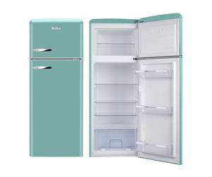 Amica FDR2213DB Retro Style Top Mount Fridge Freezer - Blue | 55cm Wide | 144cm High | E Energy Rated | Chrome Handles
