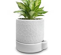 AmiCera Ceramic Plant Pots, Ceramic Outdoor Planters with Drainage Holes, Modern Planters for Indoor Plants, White Flower Pot Relief Design, Decorative Gardening Gift for Plant Lover, 15 cm