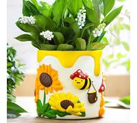 AmiCera Colourful Bee Sunflower 20cm Plant Pots, Cute Unique Flower Pot for Indoor plants, Rainbow Small Mushroom Succulent Planter Pot with Drainage, Funny Eclectic Garden Gifts Home Decor, White