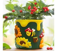 AmiCera Colourful Bee Sunflower Plant Pots, Cute Plant Pot with Drainage, Small Mushroom Succulent Flower Pot for Indoor Plants, Eclectic Gardening Gifts for Plant Lovers, Green