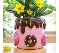 AmiCera Colourful Donut Plant Pot, Unique Flower Pots with Drainage, Cute Small Rainbow Planters for Houseplants, Funny Decorative Succulent Planter Pot, Eclectic Garden Gift for Plant Lovers, Pink