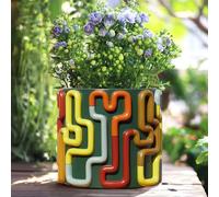 AmiCera Colourful Line Flower Pots, Cute Unique Planter with Drainage, Vintage Planters Pots for Indoor Plants, Eclectic Succulent Gardening Pot Funky Plant Gift Home Decor, Green