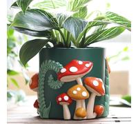 AmiCera Colourful Mushroom Plant Pots, Small Flower Pots for Indoor Plants, Cute Unique Planter with Drainage, Boho Modern Planter for Home Decor, Eclectic Funky Garden Gift, Green