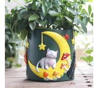 AmiCera Cute Moon Cat Flower Pots, Rainbow Unique Plant Pot with Drainage, Colourful Small Planterss for Indoor Plants, Funky Succulent Garden Pot Eclectic Home Decoration, Dark Green