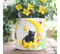 AmiCera Cute Moon Cat Flower Pots, Rainbow Unique Plant Pot with Drainage, Colourful Small Planterss for Indoor Plants, Funky Succulent Garden Pot Eclectic Home Decoration, White
