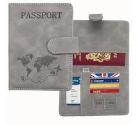 AmiCera Passport Holder, Passport Cover Travel Wallet Organiser, Passport Case with RFID Buckle Closure PU Leather Document Holder for Men Women Family Gifts Essential Travel Accessories (Grey)
