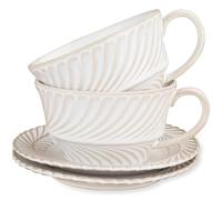 AmiCera Tea Cup and Saucer Set, Tea & Coffee Cups 250ml, Elegant Coffee Cup Set White Porcelain Set & Coffee Cups, Latte Cups and Espresso Mug for Specia, Mimosa Pattern, Two Sets