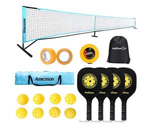 Amicoson Pickleball Set with Net, 22FT Net Sets Portable 4 Wooden Paddles, 8 Pickleballs, 1 Carrying Bag, Backpack, 2 Rolls of Court Marking Tape &1 Measuring Tape, Black Net01