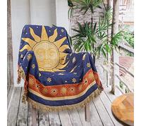 AMIDA Hippie Throw Blanket Sun Moon Stars Boho Throw Blankets Celestial Tapestry Double-Sided Reversible Woven Cotton Home Decor Bedding Chair Couch Recliner Cover Oversized Tassels Astrology 70"x90"