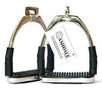 AMIDALE STIRRUPS OFFSET EYE FLEXI SAFETY STIRRUPS OPTIMUM LEG POSITION HORSE RIDING IRONS STAINLESS STEEL 4.75" BNWT
