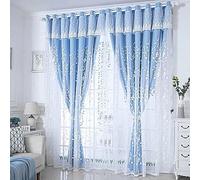 Amidoudou 1 Pair Double Layer Flower Curtains with Valance for Girls Room Living Room Pastoral Flowers and Leaf Embroidered Curtains for Bedroom (Blue,66 x 84 Inch)